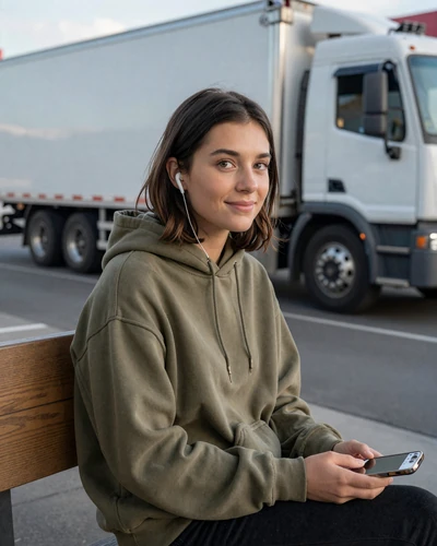 Woman with earbuds at a truck stop bench - daily contact in OTR relationships