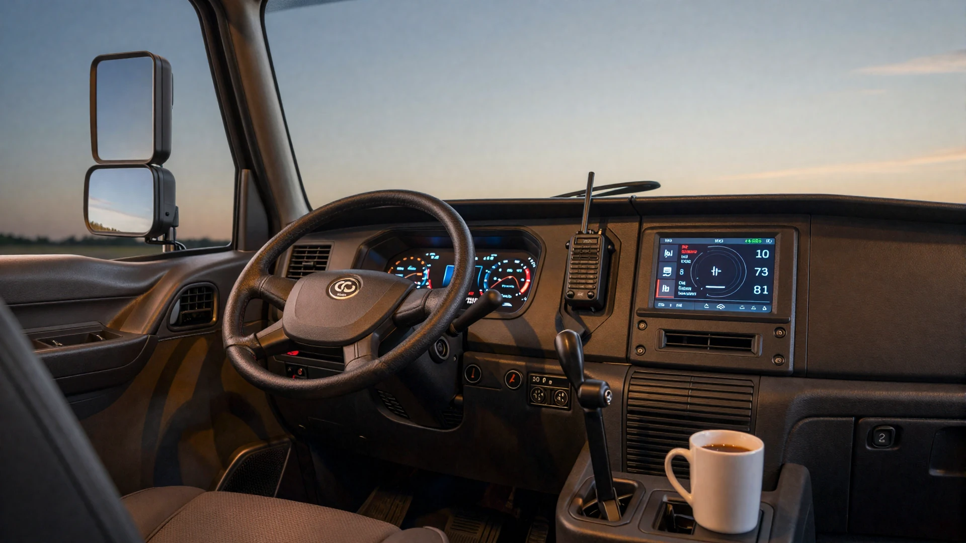 Modern semi-truck cab dashboard with CB radio at dusk - DriveMatch trucker dating support