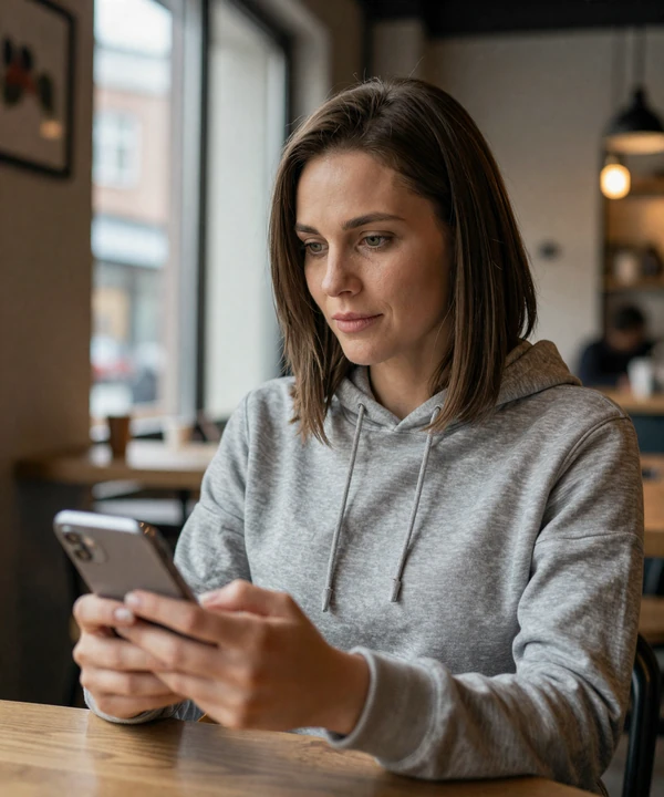 Woman in a hoodie looking at her phone in a cafe - private trucker dating messaging