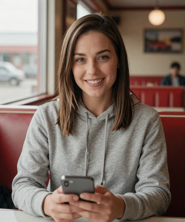 Woman holding a phone at a roadside diner - DriveMatch trucker dating support contact