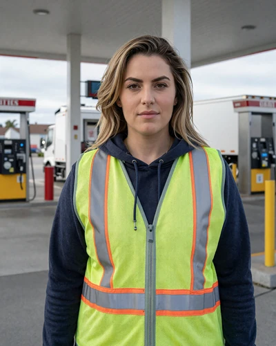 Woman in a safety vest at a truck stop fuel island - online safety tips for trucker dating