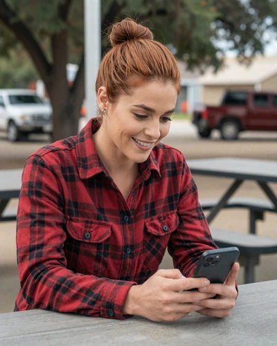 Woman in flannel shirt smiling at phone at a rest area - niche trucker dating app advantages