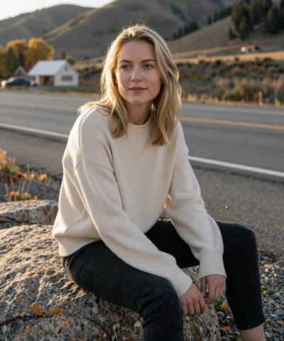 Haley, 26, in an oversized sweater on a Wyoming boulder at a roadside pullout - CDL dating profile